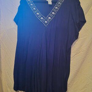 K JORDAN Beaded Neck Blouse Flowy 1X 2X